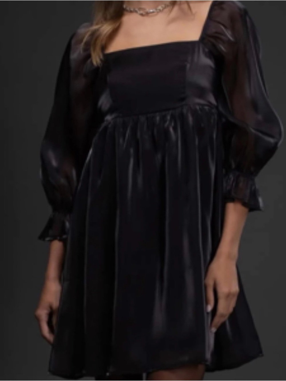Blu Pepper Black Satin Square-Neck Mini Dress with Sheer Puff Sleeves